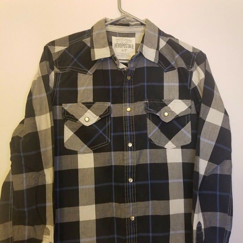 Aeropostale Mens SMALL Black Grey Blue Pearl Snap Western Button Down LS Shirt